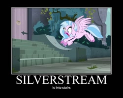 Size: 750x600 | Tagged: safe, derpibooru import, screencap, silverstream, classical hippogriff, hippogriff, school daze, captain obvious, motivational poster, pointing, solo, stairs, that hippogriff sure does love stairs