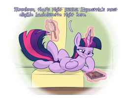 Size: 1500x1200 | Tagged: safe, artist:heir-of-rick, derpibooru import, twilight sparkle, unicorn twilight, pony, unicorn, brush, description is relevant, dialogue, female, glowing horn, hairbrush, magic, mare, sofa, solo, telekinesis