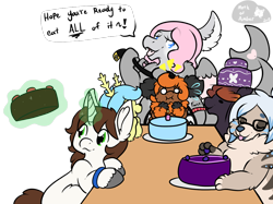 Size: 1000x747 | Tagged: safe, artist:mothofamber, derpibooru import, oc, oc only, oc:tai, belt, birthday party, cake, dialogue, food, glowing horn, imminent bondage, magic, non-mlp oc, party, simple background, table, telekinesis, this will end in weight gain, transparent background