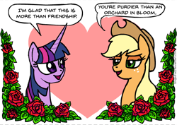 Size: 600x424 | Tagged: safe, artist:gingerfoxy, derpibooru import, applejack, twilight sparkle, earth pony, pony, duo, female, flower, heart, heart background, lesbian, pony couple generator, rose, shipping, speech bubble, twijack