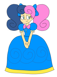 Size: 1157x1546 | Tagged: safe, artist:rarity525, derpibooru import, bon bon, sweetie drops, equestria girls, alternate hairstyle, blue dress, bow, clothes, dress, gown, hair bow, human coloration, pigtails, simple background, solo, transparent background, twintails