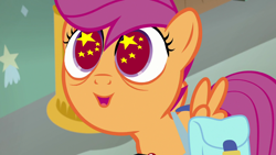 Size: 1280x720 | Tagged: safe, derpibooru import, edit, edited screencap, screencap, scootaloo, parental glideance, china, starry eyes, wat, wingding eyes