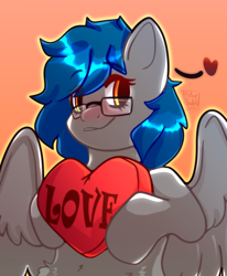 Size: 2258x2735 | Tagged: safe, artist:blueomlette, derpibooru import, pegasus, pony, blushing, fluffy, glasses, heart, holding, love, text, two colour hair, wings