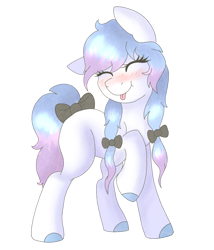 Size: 600x700 | Tagged: safe, artist:adostume, derpibooru import, oc, oc only, earth pony, pony, blushing, bow, hair bow, happy, raspberry, simple background, smiling, solo, tail bow, tongue out, transparent background