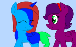 Size: 1280x800 | Tagged: safe, artist:jazzystarlover, derpibooru import, oc, oc only, oc:crystal (sch01), alicorn, pegasus, pony, alicorn oc, duo, eyes closed, happy, looking at each other, looking back, ponysona, simple background, smiling, walking