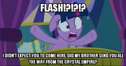 Size: 480x251 | Tagged: safe, derpibooru import, edit, edited screencap, screencap, twilight sparkle, twilight sparkle (alicorn), alicorn, school daze, exploitable meme, female, image macro, implied flash sentry, implied flashlight, implied shipping, implied straight, male, meme, solo, text