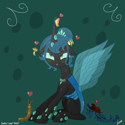 Size: 3445x3445 | Tagged: safe, artist:darkest-lunar-flower, derpibooru import, oc, oc:queen polistae, bee, beetle, butterfly, centipede, changeling, changeling queen, insect, blue changeling, blushing, changeling queen oc, commission, female, heart, lipstick, unamused, wasp