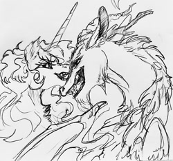 Size: 1280x1200 | Tagged: safe, artist:candasaurus, derpibooru import, daybreaker, discord, draconequus, pony, disbreaker, female, male, monochrome, shipping, sketch, straight