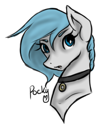 Size: 695x829 | Tagged: safe, artist:pockypocky, derpibooru import, oc, oc:pocky, blue, blue eyes, bust, choker, color, doodle, female, gray, jewelry, mane, mare, necklace, portrait, rough, simple background, solo