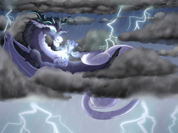 Size: 1125x843 | Tagged: safe, artist:bijutsuyoukai, derpibooru import, oc, oc:monsoon, cloud, lightning, magical gay spawn, male, offspring, parent:discord, parent:storm king, solo