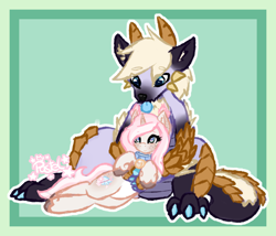 Size: 1500x1284 | Tagged: safe, artist:pastel-pony-princess, derpibooru import, oc, oc:cookie dough, oc:zinogre, diamond dog, unicorn, bell, collar, cute, monster hunter, simple background, size difference, zinogre