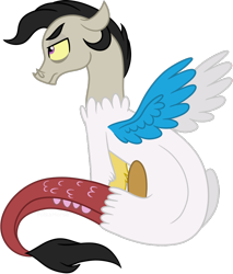 Size: 740x867 | Tagged: safe, artist:ashidaii, derpibooru import, oc, oc:entropy, draconequus, hybrid, interspecies offspring, male, offspring, parent:discord, parent:princess celestia, parents:dislestia, simple background, sitting, solo, transparent background