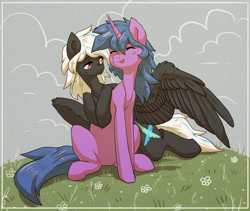 Size: 2463x2075 | Tagged: safe, artist:koviry, derpibooru import, oc, oc only, oc:aegis moonwalker, oc:crosswind, pegasus, pony, unicorn, cutie mark, duo, eyes closed, female, grass, mare, sitting, tongue out