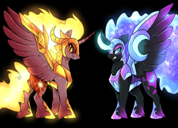 Size: 2500x1800 | Tagged: safe, artist:not-ordinary-pony, derpibooru import, daybreaker, nightmare moon, alicorn, pony, armor, black background, ethereal mane, female, galaxy mane, hoof shoes, horn, looking at you, mare, redesign, simple background, spread wings, wings