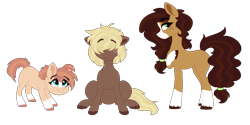 Size: 1238x618 | Tagged: safe, artist:saphi-boo, derpibooru import, oc, oc only, earth pony, pony, blaze (coat marking), coat markings, hair tie, next generation, offspring, parent:applejack, parent:trouble shoes, parents:troublejack, simple background, socks (coat marking), transparent background, trio