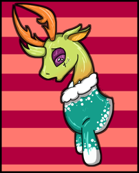 Size: 1024x1265 | Tagged: safe, artist:aurasinchaser, derpibooru import, thorax, changedling, changeling, bust, clothes, king thorax, portrait, solo, striped background, sweater