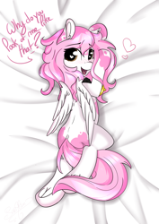 Size: 2480x3507 | Tagged: safe, artist:saralien, derpibooru import, oc, oc only, oc:saralien, pegasus, pony, bed, blushing, cute, dialogue, ear fluff, female, frog (hoof), heart, heart eyes, looking at you, looking back, looking back at you, lying down, mare, on bed, open mouth, pillow, prone, solo, underhoof, wingding eyes