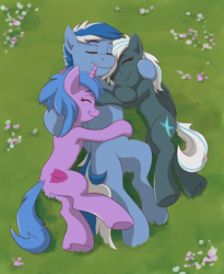 Size: 5400x6600 | Tagged: safe, artist:deannart, derpibooru import, oc, oc only, oc:aegis moonwalker, oc:crosswind, oc:nova breeze, pegasus, pony, unicorn, absurd resolution, cuddling, cutie mark, eyes closed, female, male, mare, stallion