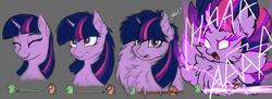 Size: 1658x601 | Tagged: safe, artist:hunternif, artist:lightly-san, derpibooru exclusive, derpibooru import, twilight sparkle, twilight sparkle (alicorn), alicorn, pony, aaaaaaaaaa, aura, bust, cheek fluff, chest fluff, confused, cute, ear fluff, excessive fluff, eyes closed, female, fluffy, frown, glowing eyes, gray background, lightning, looking up, magic, mare, maximum overfloof, messy mane, neck fluff, open mouth, simple background, smiling, solo, spread wings, static electricity, super saiyan, super saiyan princess, wat, wide eyes, wing fluff, wings, yelling