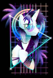 Size: 600x880 | Tagged: safe, artist:ii-art, derpibooru import, oc, oc only, oc:vocal score, pony, unicorn, bust, neon, portrait, retrowave, smiling, solo, synthwave