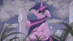 Size: 1920x1080 | Tagged: safe, artist:fluttersheeeee, derpibooru import, twilight sparkle, twilight sparkle (alicorn), alicorn, pony, balloon, cross, crying, cutie mark, female, gravestone, immortality blues, implied death, implied pinkie pie, implied rarity, implied starlight glimmer, looking up, mare, sitting, solo, twilight will outlive her friends