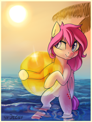 Size: 1500x2000 | Tagged: safe, artist:jedayskayvoker, derpibooru import, oc, oc only, oc:luscious desire, bat pony, pony, beach ball, bipedal, commission, female, mare, palm tree, smiling, solo, sun, tree, water, ych result