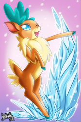 Size: 2667x4000 | Tagged: safe, artist:danmakuman, derpibooru import, velvet reindeer, deer, reindeer, them's fightin' herds, community related, female, high res, ice, one eye closed, open mouth, solo, wink