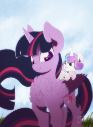 Size: 1024x1388 | Tagged: safe, artist:hagallaz, derpibooru import, princess flurry heart, twilight sparkle, twilight sparkle (alicorn), alicorn, pony, :3, :p, aunt and niece, auntie twilight, baby, baby pony, chest fluff, colored pupils, colored wings, colored wingtips, cute, fluffy, flurrybetes, foal, leaning, leg fluff, multicolored wings, neck fluff, ponies riding ponies, silly, smiling, tongue out, wing fluff