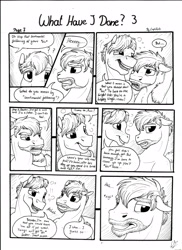 Size: 2550x3506 | Tagged: safe, artist:lupiarts, derpibooru import, oc, oc only, oc:daxter, oc:ron nail, pegasus, pony, comic:what have i done, black and white, cider, comic, drunk, duo, grayscale, male, monochrome, mug, sad, speech bubble, stallion, traditional art