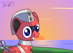 Size: 1500x1080 | Tagged: safe, artist:trackheadtherobopony, derpibooru import, oc, oc:trackhead, pony, robot, robot pony, ocean, solo, sunset