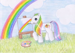 Size: 1024x720 | Tagged: safe, artist:normaleeinsane, derpibooru import, g3, cloud, easel, finger paints, grass, paintbrush, painting, plein air, rainbow, solo, traditional art