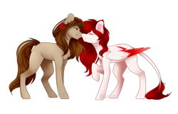 Size: 1023x659 | Tagged: safe, artist:itsizzybel, derpibooru import, oc, oc only, oc:maya, earth pony, pegasus, pony, chest fluff, colored wings, colored wingtips, duo, ear fluff, eyes closed, female, flower, flower in hair, gradient wings, leonine tail, mare, nuzzling, raised hoof, simple background, transparent background, two toned wings