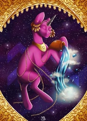 Size: 923x1280 | Tagged: safe, artist:xaneas, derpibooru import, oc, oc only, pony, unicorn, aquarius, chains, gold, male, solo, space, zodiac