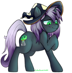 Size: 996x1021 | Tagged: safe, artist:cokesleeve, derpibooru import, oc, oc only, oc:clairvoyance, unicorn, female, hat, raised hoof, simple background, solo, transparent background, witch