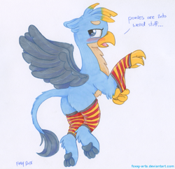 Size: 931x900 | Tagged: safe, artist:foxxy-arts, derpibooru import, gallus, griffon, blushing, butt, butt fluff, chest fluff, clothes, dialogue, fluffy, flying, gallass, leg fluff, leg warmers, looking at you, looking back, looking back at you, male, open mouth, paw pads, paws, socks, solo, spread wings, striped socks, traditional art, underpaw, wings