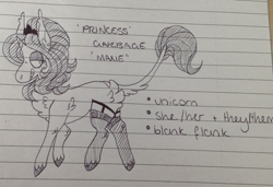 Size: 2389x1637 | Tagged: safe, artist:maximumbark, derpibooru import, oc, oc only, oc:princess garbage, unicorn, lined paper, monochrome, solo, text, traditional art