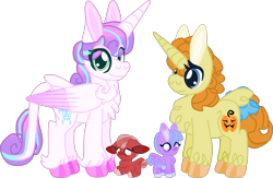 Size: 1966x1285 | Tagged: safe, artist:casanova-mew, derpibooru import, princess flurry heart, pumpkin cake, oc, oc:lavender, oc:rose mary, alicorn, earth pony, pegasus, pony, unicorn, baby, baby pony, chest fluff, female, floppy ears, lesbian, magical lesbian spawn, mare, offspring, older, parent:princess flurry heart, parent:pumpkin cake, parents:pumpkin heart, pumpkin heart, shipping, simple background, smiling, transparent background, two toned mane, unshorn fetlocks