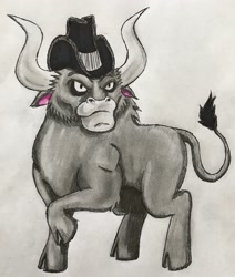 Size: 2462x2900 | Tagged: safe, artist:bozzerkazooers, derpibooru import, idw, king longhorn, bull, cloven hooves, cowboy hat, hat, male, raised hoof, solo, traditional art