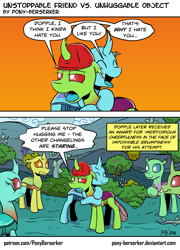 Size: 1032x1430 | Tagged: safe, artist:pony-berserker, derpibooru import, oc, oc only, oc:berzie, oc:dopple, changedling, changeling, background changeling, changedling oc, changeling oc, comic, hard hat, hug, i can't believe it's not idw