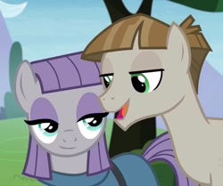 Size: 876x734 | Tagged: safe, derpibooru import, screencap, maud pie, mudbriar, earth pony, pony, the maud couple, female, male, maudbriar, shipping, smiling, straight, when she smiles