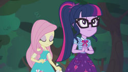 Size: 2208x1242 | Tagged: safe, derpibooru import, screencap, fluttershy, sci-twi, twilight sparkle, better together, equestria girls, stressed in show, stressed in show: fluttershy, clothes, cute, eyes closed, geode of telekinesis, glasses, magical geodes, ponytail, raised eyebrow, skirt, tree