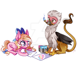 Size: 800x640 | Tagged: safe, artist:ipun, derpibooru import, oc, oc only, oc:bay breeze, oc:vistamage, griffon, pegasus, pony, bow, cute, drawing, hair bow, heart eyes, mouth hold, paint bucket, painting, simple background, tail bow, tongue out, transparent background, watermark, wingding eyes