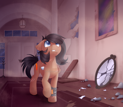 Size: 1024x887 | Tagged: safe, artist:scarlet-spectrum, derpibooru import, oc, oc only, oc:quillwright, pegasus, pony, fallout equestria, fallout equestria: of shadows, amputee, bandage, fanfic art, female, mirror, missing limb, missing wing, pipbuck, scar, solo, stump, watermark