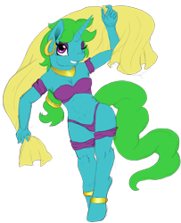 Size: 2647x3252 | Tagged: safe, artist:theshadowstone, derpibooru import, oc, oc only, oc:wishy washy, anthro, unguligrade anthro, unicorn, belly dancer, ear piercing, earring, jewelry, piercing, simple background, solo, transparent background