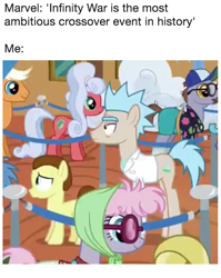 Size: 652x821 | Tagged: safe, derpibooru import, edit, edited screencap, screencap, emerald green, green gem, earth pony, pony, grannies gone wild, avengers: infinity war, background pony, clothes, colt, cropped, crossover, duo focus, male, meme, morty smith, ponified, pony morty, pony rick, rick and morty, rick sanchez, stallion