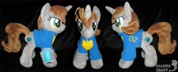 Size: 6869x2768 | Tagged: safe, artist:allunacraft, derpibooru import, oc, oc:littlepip, pony, unicorn, fallout equestria, clothes, fanfic, female, horn, irl, mare, photo, pipbuck, plushie, solo, vault suit