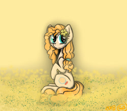 Size: 1255x1096 | Tagged: safe, artist:goldenbrush156, derpibooru import, pear butter, pony, field, sitting, solo