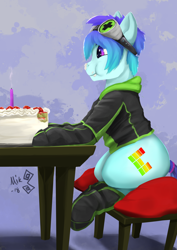 Size: 2894x4093 | Tagged: safe, artist:mik3thestrange, derpibooru import, oc, oc:raven mcchippy, earth pony, pony, birthday, cake, clothes, eating, food, male, sitting, solo, stallion