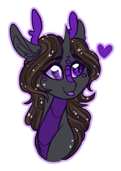 Size: 849x1200 | Tagged: safe, artist:australian-senior, derpibooru import, oc, oc:juliet invictus, alicorn, dracony, hybrid, kirin, :p, alternate universe, antlers, bust, colored sclera, heart, kirindos, purple eyes, scales, silly, simple background, solo, tongue out, transparent background