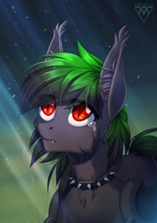 Size: 916x1300 | Tagged: safe, artist:margony, derpibooru import, oc, oc only, bat pony, pony, undead, vampire, vampony, bat pony oc, chest fluff, collar, commission, crying, cute, cute little fangs, ear fluff, fangs, looking up, male, night, sad, signature, solo, stallion, stars, teary eyes